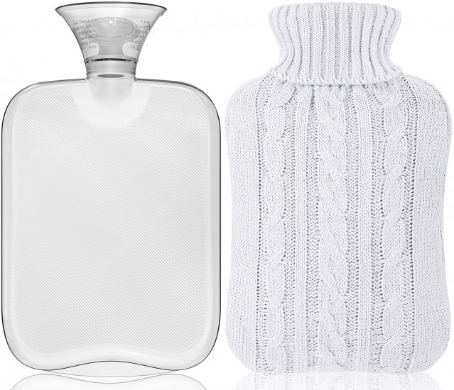 Attmu Hot Water Bottle with Cover Knitted, Transparent Hot Water Bag 2 Liter - White - Click Image to Close