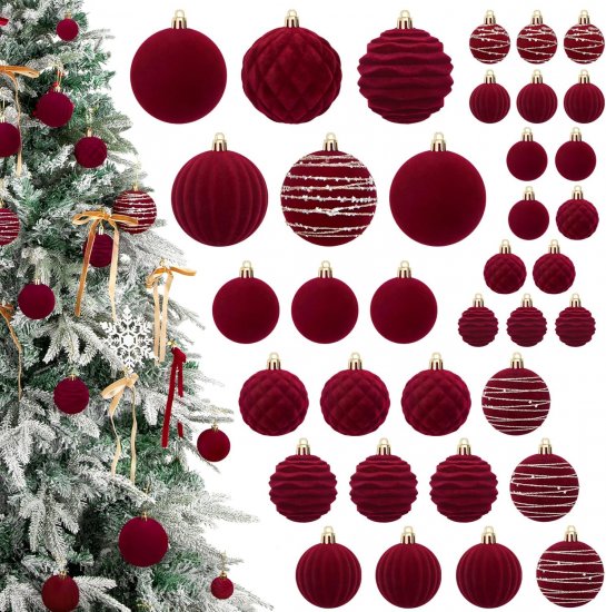 36 PCS Red Velvet Christmas Ornaments Balls for Tree, Burgundy Flocked Shatterproof Hanging Ornaments for Xmas Tree Home Party Holiday Decorations - Click Image to Close