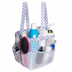 Attmu Portable Mesh Shower Caddy with 8 Storage Pockets, Quick Dry Waterproof Shower Tote Bag Oxford Hanging Toiletry and Bath Organizer for Shampoo, (White Stripe)