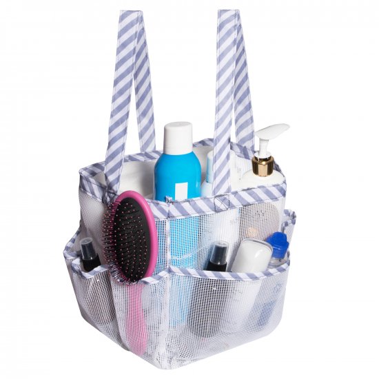 Attmu Portable Mesh Shower Caddy with 8 Storage Pockets, Quick Dry Waterproof Shower Tote Bag Oxford Hanging Toiletry and Bath Organizer for Shampoo, (White Stripe) - Click Image to Close