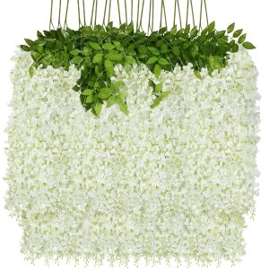 Attmu 24 Pack Artificial Flowers Wisteria Hanging Flowers 3.6 Feet/Piece Vine Ratta String for Home Office Wedding Wall Garden Outdoor Party Decoration (White)