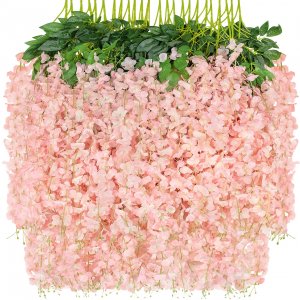 Attmu 24 Pack Artificial Flowers Wisteria Hanging Flowers 3.6 Feet/Piece Vine Ratta String for Home Office Wedding Wall Garden Outdoor Party Decoration (Light Pink)