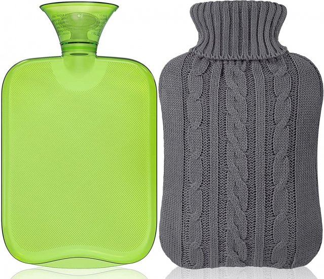 Attmu Hot Water Bottle with Cover Knitted, Transparent Hot Water Bag 2 Liter - Green - Click Image to Close