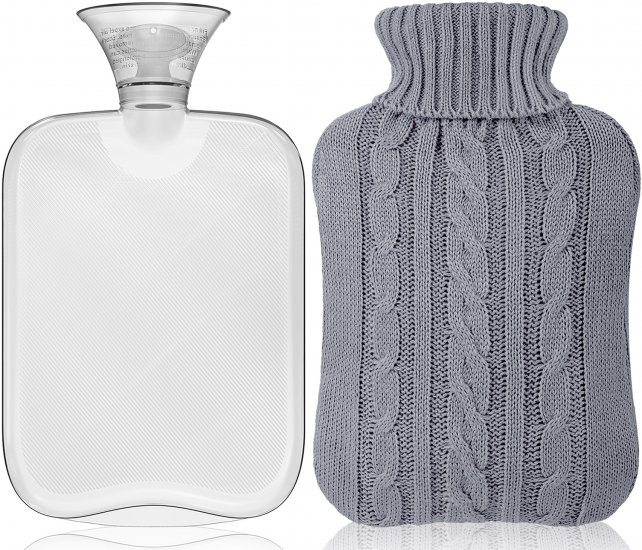 Attmu Hot Water Bottle with Cover Knitted, Transparent Hot Water Bag 2 Liter - White (Grey) - Click Image to Close