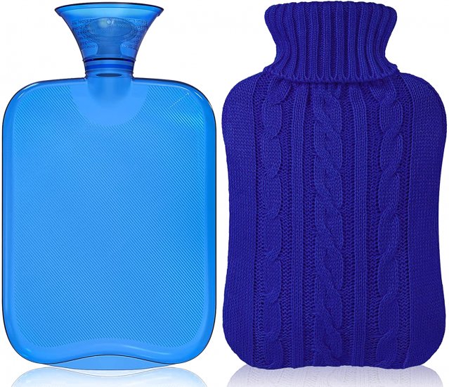 Attmu Hot Water Bottle with Cover Knitted, Transparent Hot Water Bag 2 Liter - Blue - Click Image to Close