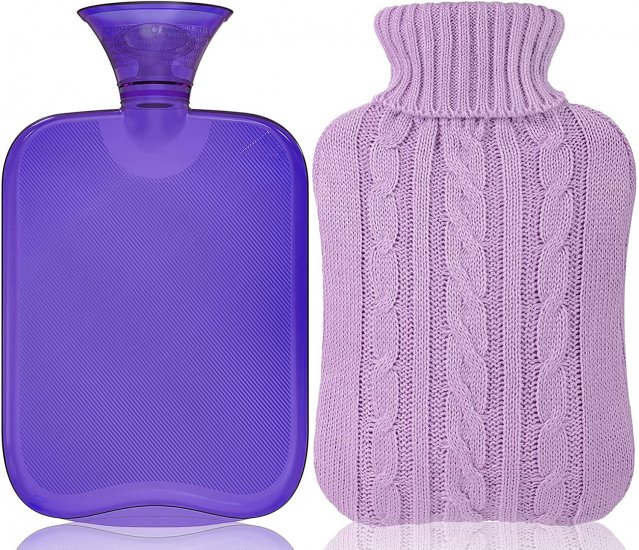 Attmu Hot Water Bottle with Cover Knitted, Transparent Hot Water Bag 2 Liter - Purple - Click Image to Close