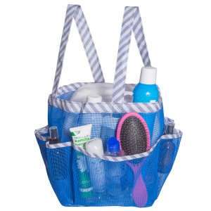 Attmu Mesh Shower Caddy, Quick Dry Shower Tote Bag Oxford Hanging Toiletry and Bath Organizer with 8 Storage Compartments for Shampoo, Conditioner, Soap and Other Bathroom Accessories (Blue Stripe)