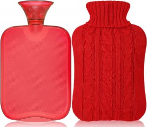 Attmu Hot Water Bottle with Cover Knitted, Transparent Hot Water Bag 2 Liter - Red