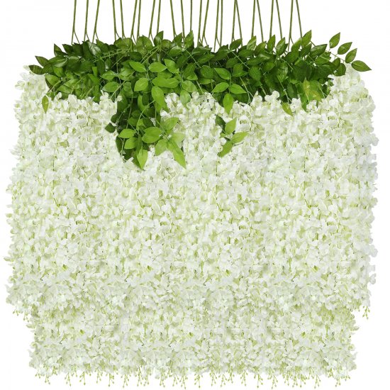 Attmu 24 Pack Artificial Flowers Wisteria Hanging Flowers 3.6 Feet/Piece Vine Ratta String for Home Office Wedding Wall Garden Outdoor Party Decoration (White) - Click Image to Close