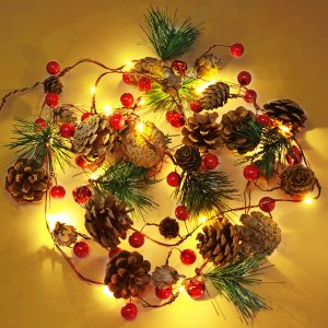 30 LED Christmas Garland with Lights, 10ft Christmas Lights Red Berry Pinecone Christmas Decorations for Party Farmhouse Christmas Tree Decorations