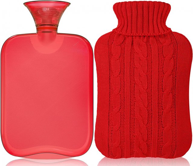Attmu Hot Water Bottle with Cover Knitted, Transparent Hot Water Bag 2 Liter - Red - Click Image to Close