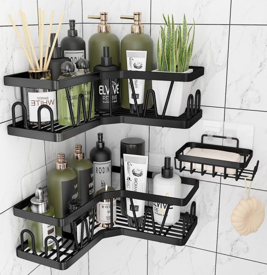 Attmu Corner Shower Caddy, 3 Pack Adhesive Shower Organizer Corner with Soap Holder, Shower Rack Corner Shower Shelf for Bathroom Kitchen Black - Click Image to Close